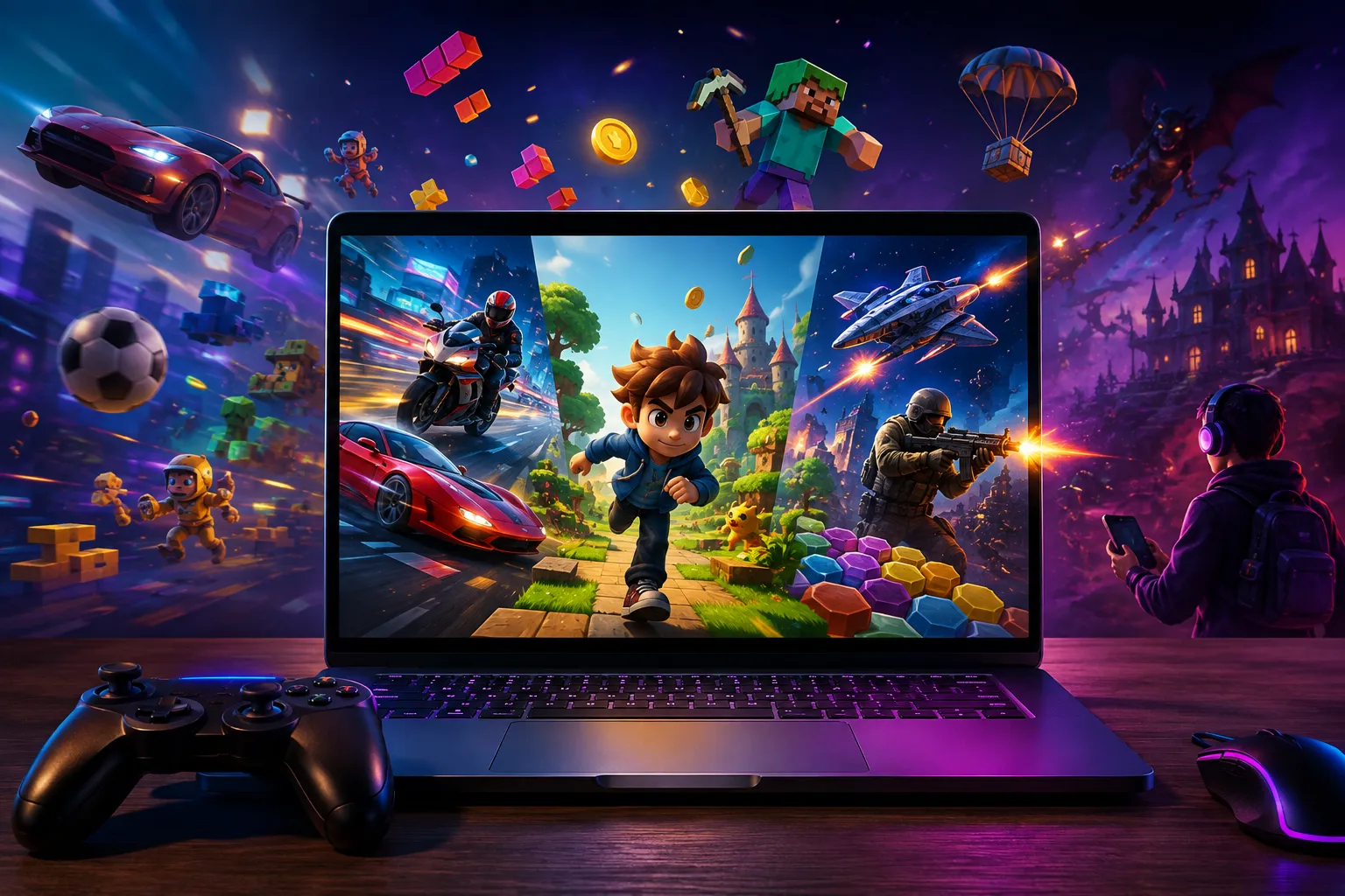 Laptop displaying different free online game genres for browser gaming