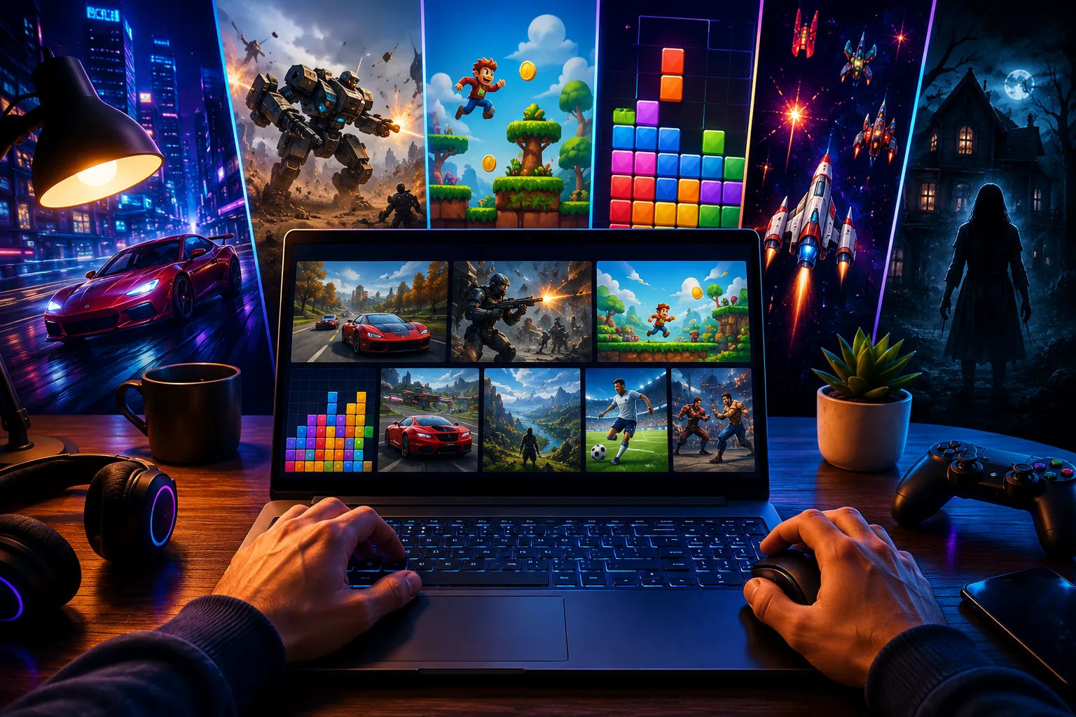 Person playing browser games on a laptop surrounded by different gaming genres