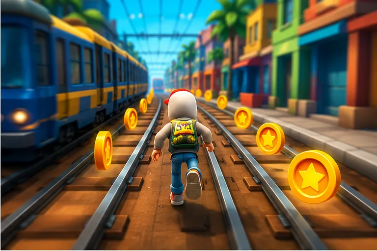 Endless runner game with player collecting coins on train tracks
