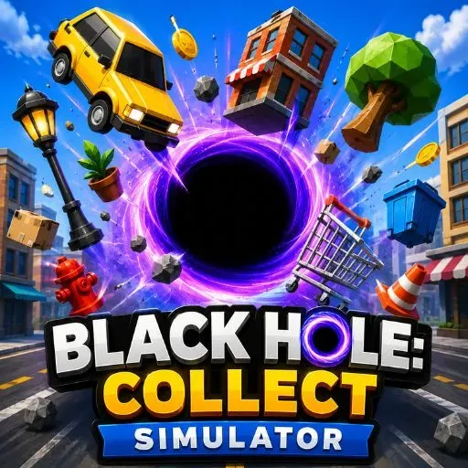 Black Hole Collect Simulator game featuring a powerful black hole absorbing cars, buildings, and city objects in a fun 3D collection adventure