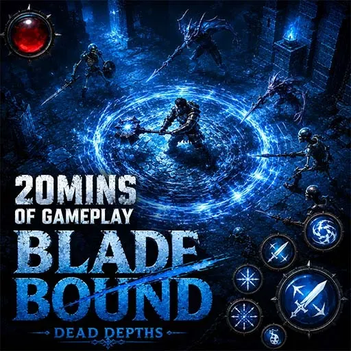 "Dead Depths Blade Bound game icon featuring a lone warrior battling skeletons and dark monsters inside a mystical dungeon with glowing magic and fantasy combat."
