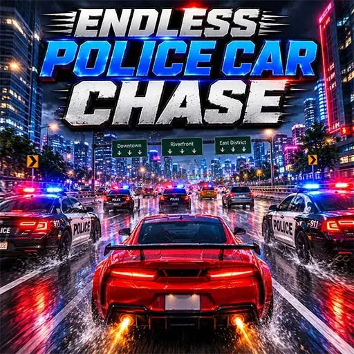Endless Police Car Chase game featuring a high-speed police pursuit through a neon-lit city at night