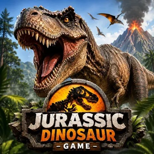 Jurassic Dinosaur Game featuring a roaring Tyrannosaurus rex in a prehistoric jungle with an erupting volcano