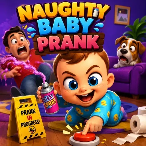 Naughty Baby Prank game featuring a mischievous baby playing funny pranks with silly spray inside a colorful family home