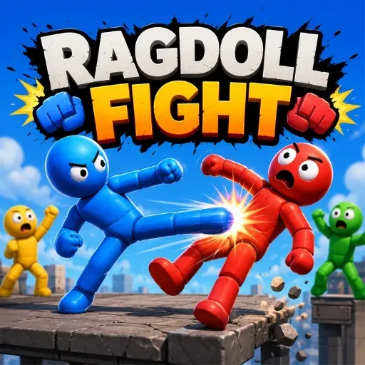 Ragdoll Fight game featuring colorful stickman fighters battling with ragdoll physics on a floating platform