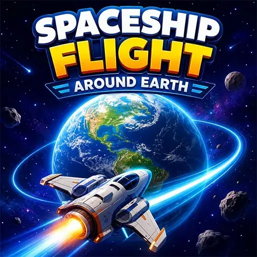 "Spaceship Flight Around Earth game icon featuring a futuristic spacecraft orbiting Earth in outer space with glowing trails, asteroids, and a star-filled galaxy."