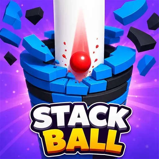 "Stack Ball Relaxing Game icon featuring a red ball smashing through colorful stacked platforms in a fast-paced arcade physics game."