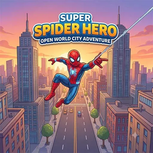 Super Spider Hero Open World City Adventure game featuring a web-swinging superhero exploring a vast city in an action-packed open-world adventure