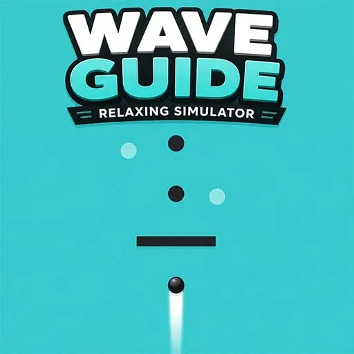 Wave Guide Relaxing Simulator game icon featuring a black ball launcher, floating black and white balls, and a minimalist blue background.